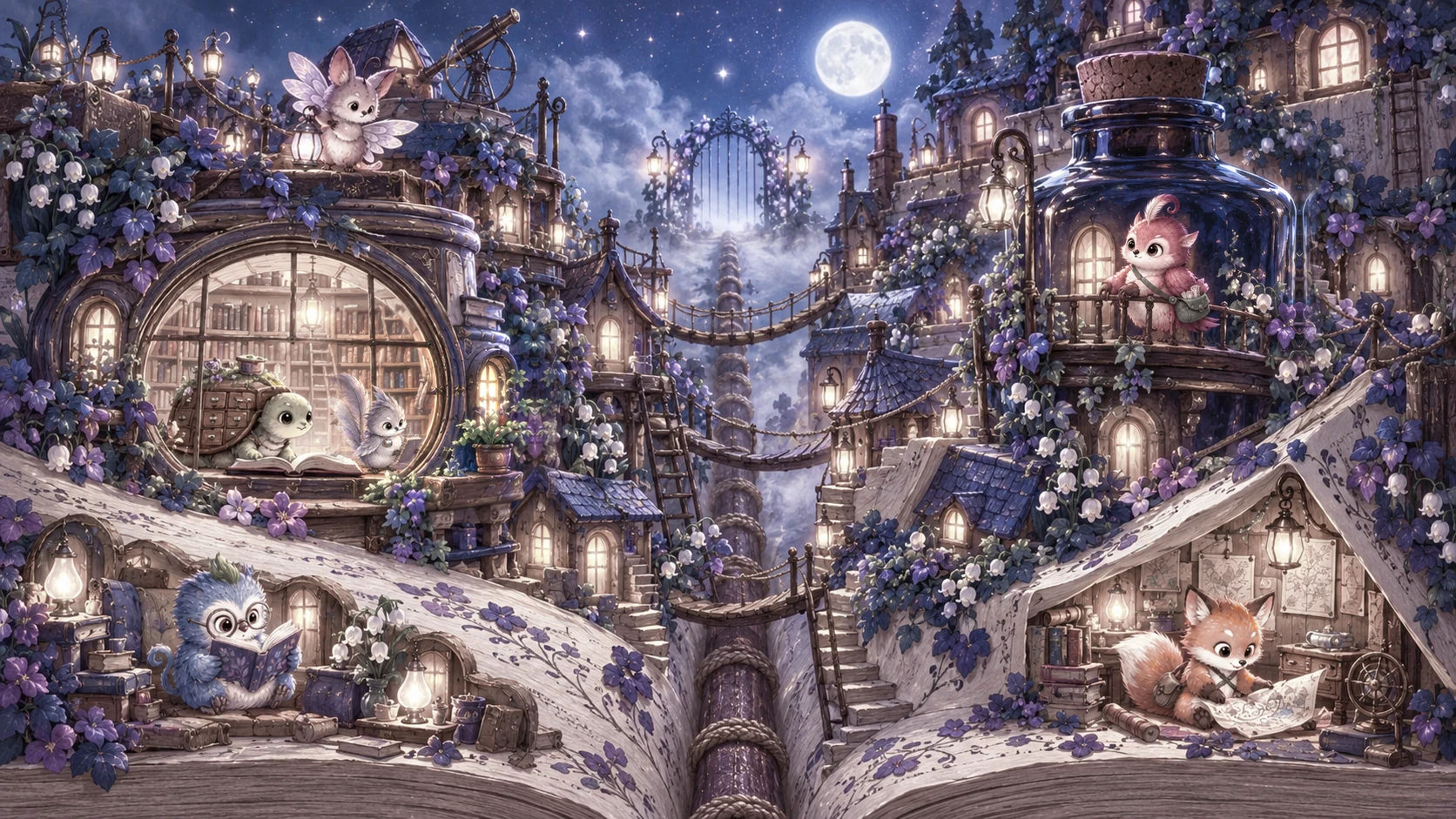 Quirehaven: a tiny village built into the fold of a giant open book under the moon, with a library, a house in an ink bottle, a map room in a folded page corner, reading nooks in the margin, a rooftop lookout, and a gate into the fog at the far end of the spine.